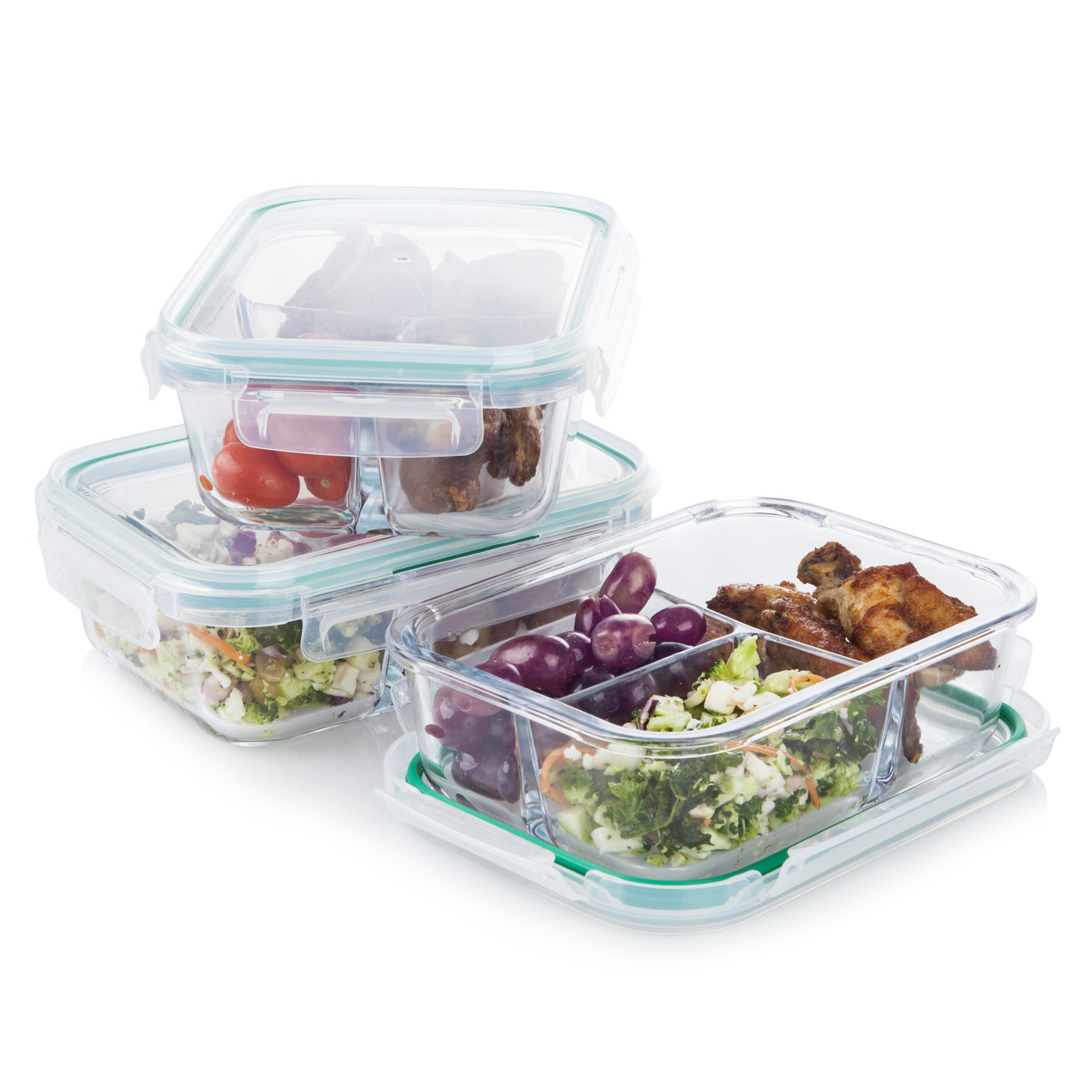 Clear glass food storage containers on white background